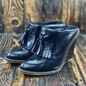 Alexander Wang Tassel Trish Wedge‎ Heel Mule Slip On Black Leather Size US 6